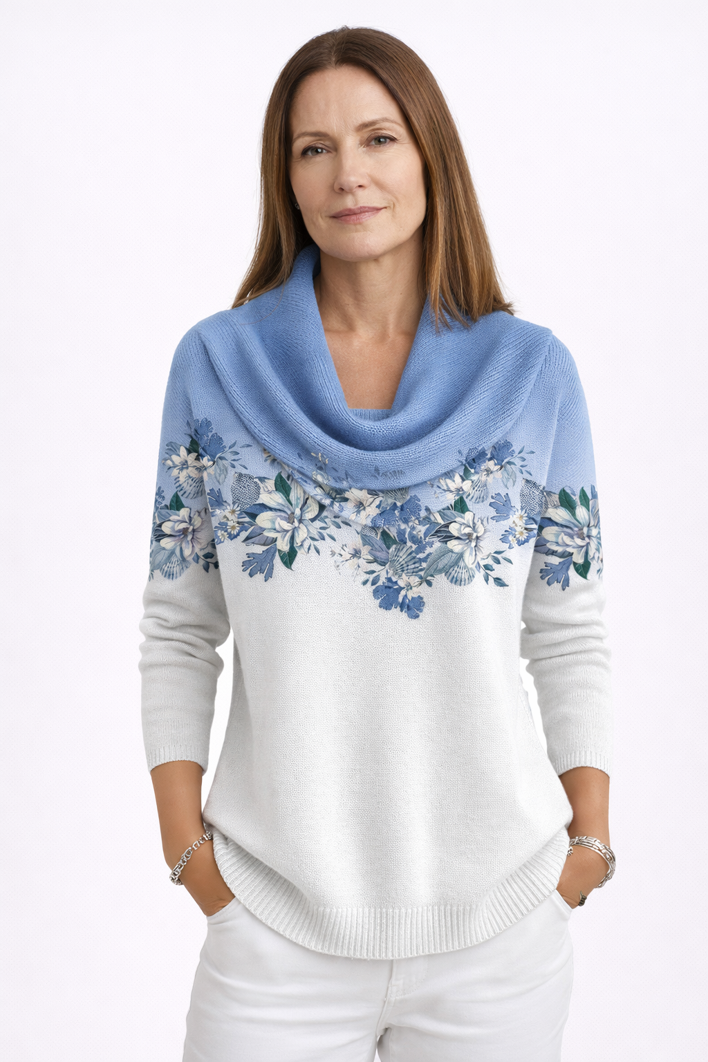 CELESTE | Suéter tejido con flores y cuello drapeado