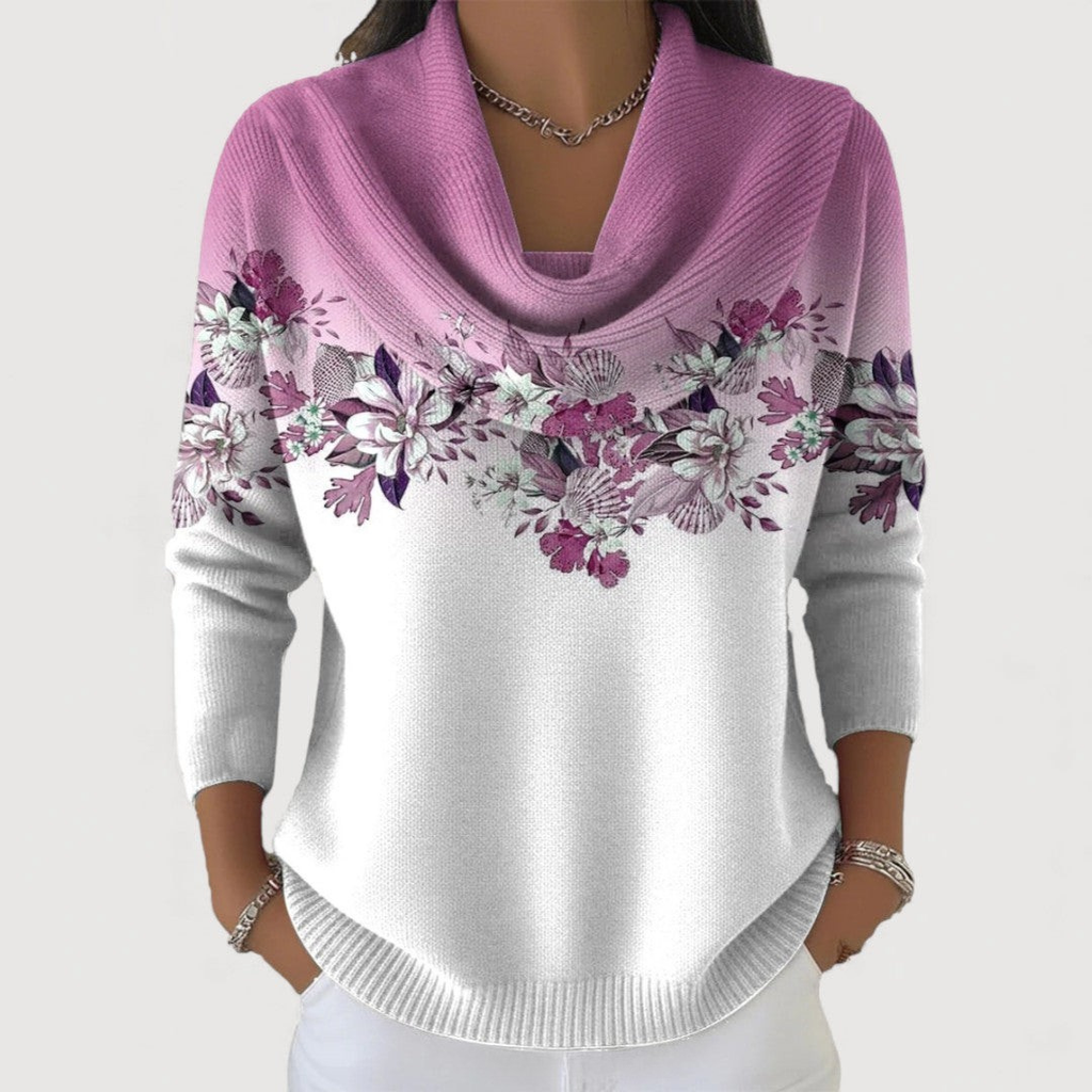 CELESTE | Suéter tejido con flores y cuello drapeado