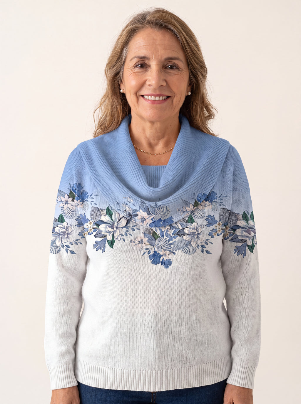 CELESTE | Suéter tejido con flores y cuello drapeado