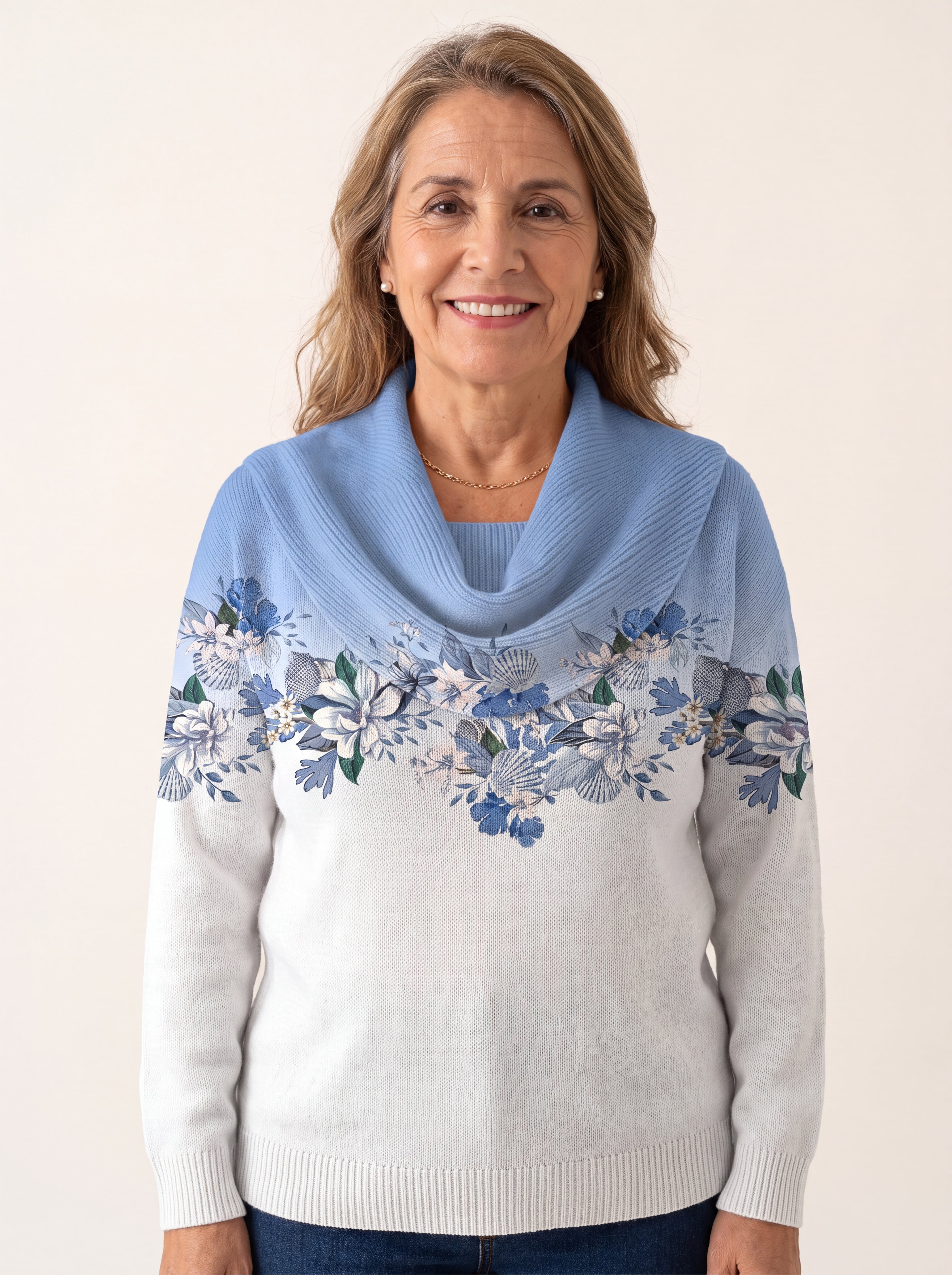 CELESTE | Suéter tejido con flores y cuello drapeado