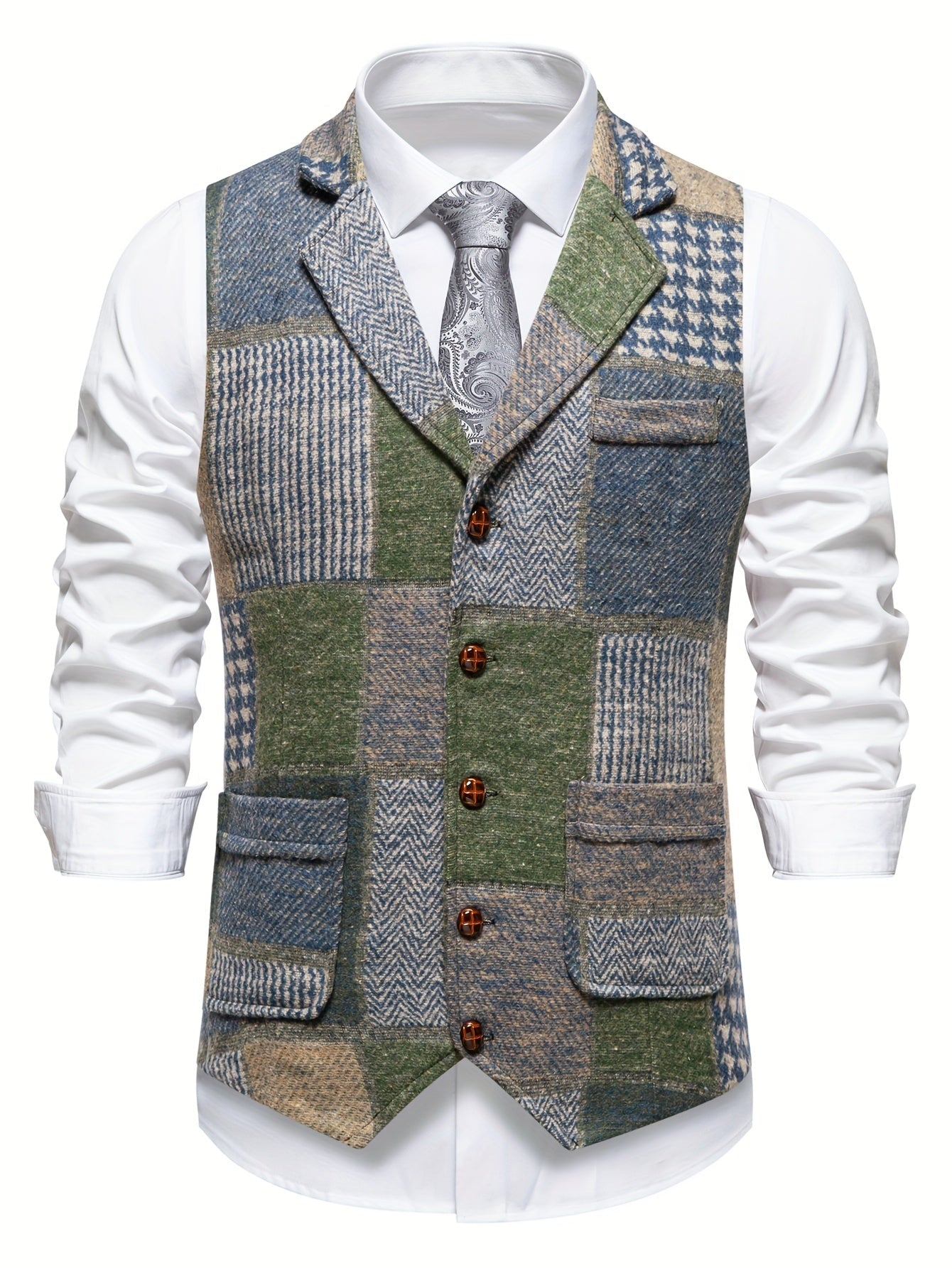 Leo | Chaleco de tweed patchwork con patrón de espiga