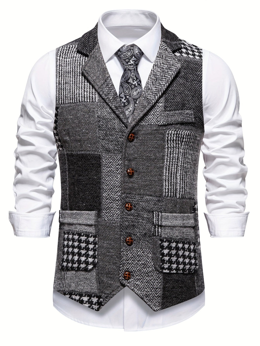 Leo | Chaleco de tweed patchwork con patrón de espiga