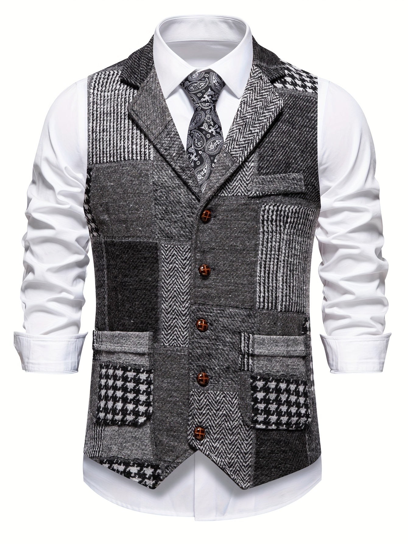 Leo | Chaleco de tweed patchwork con patrón de espiga